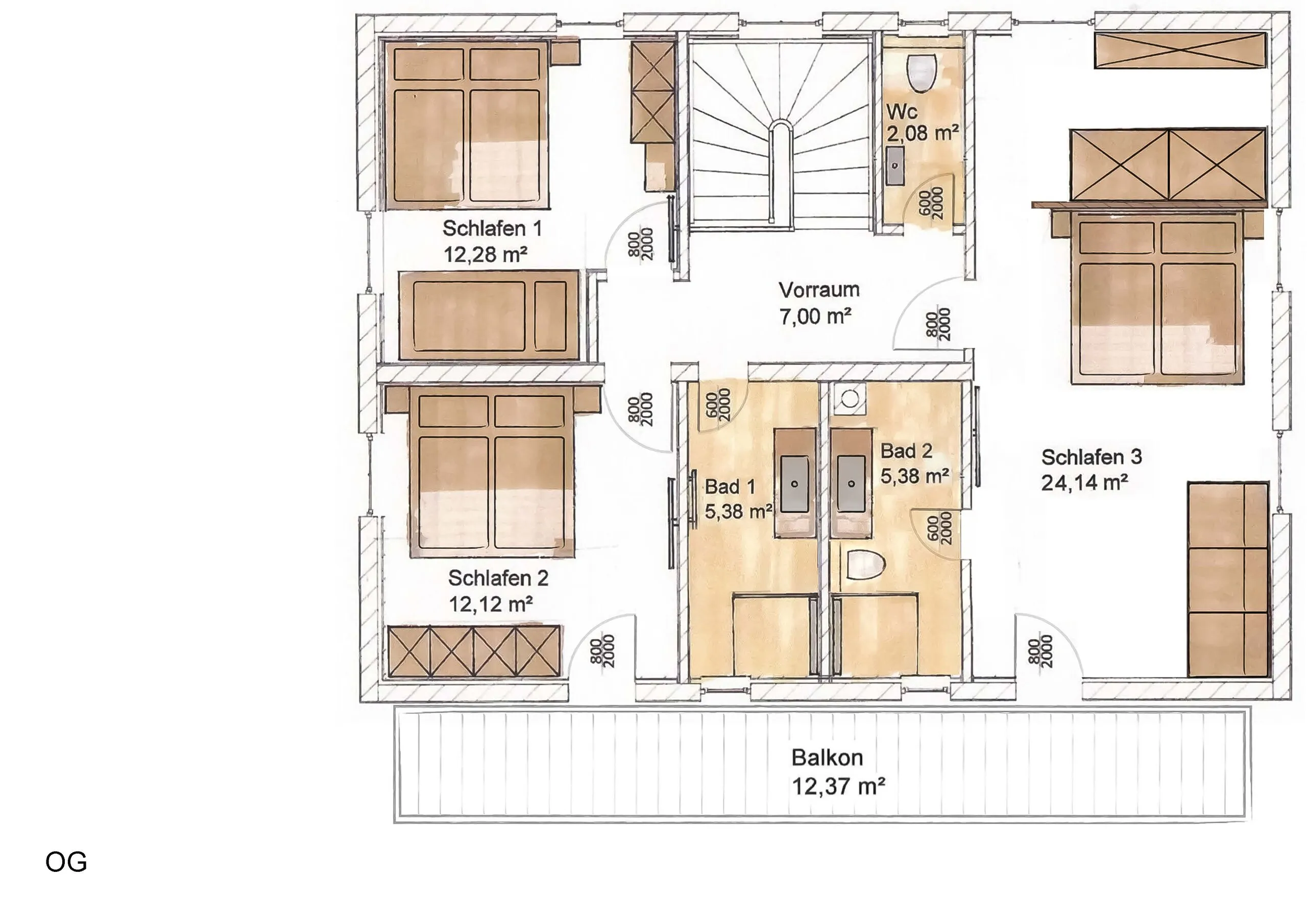 Půdorys patra se třemi ložnicemi, mezi nimi velká ložnice rodičů s šatnou a vlastní koupelnou, k tomu koupelna, WC a balkon