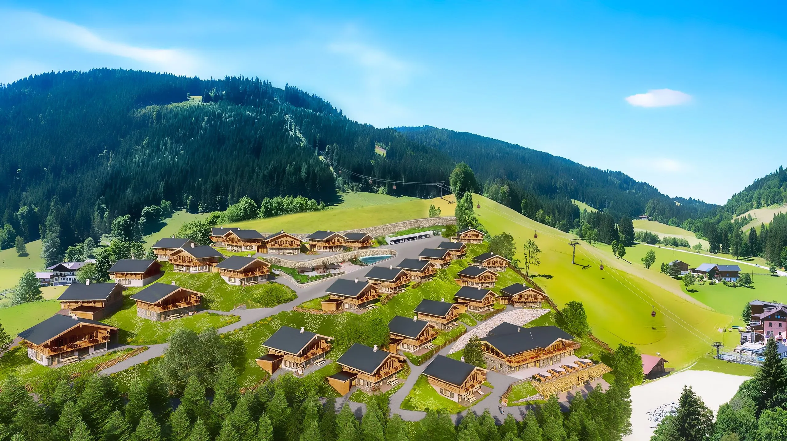 Lageplan des Almdorfs als Luftansicht: Chalets am Hang neben der Skipiste